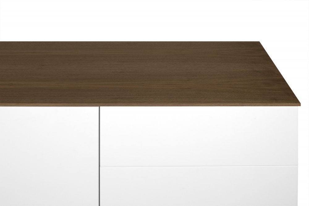 Buffet WHITY 2 blanc mat 180cm 2 portes/3 tiroirs Plateau en bois noyer avec pieds noir métal